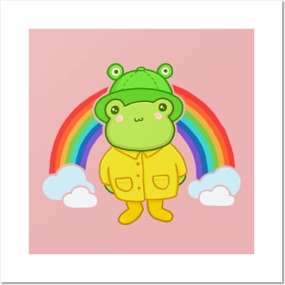 Cute Frog with Hat Rainbow Kawaii Aesthetic Cottagecore Frog. Funny Froge in froggie bucket hat. Bright rainbow colors Posters and Art